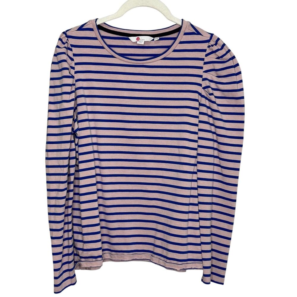 Boden Shirt Womens US 10 Pink Blue Striped Long Sleeve Crewneck Cotton Top